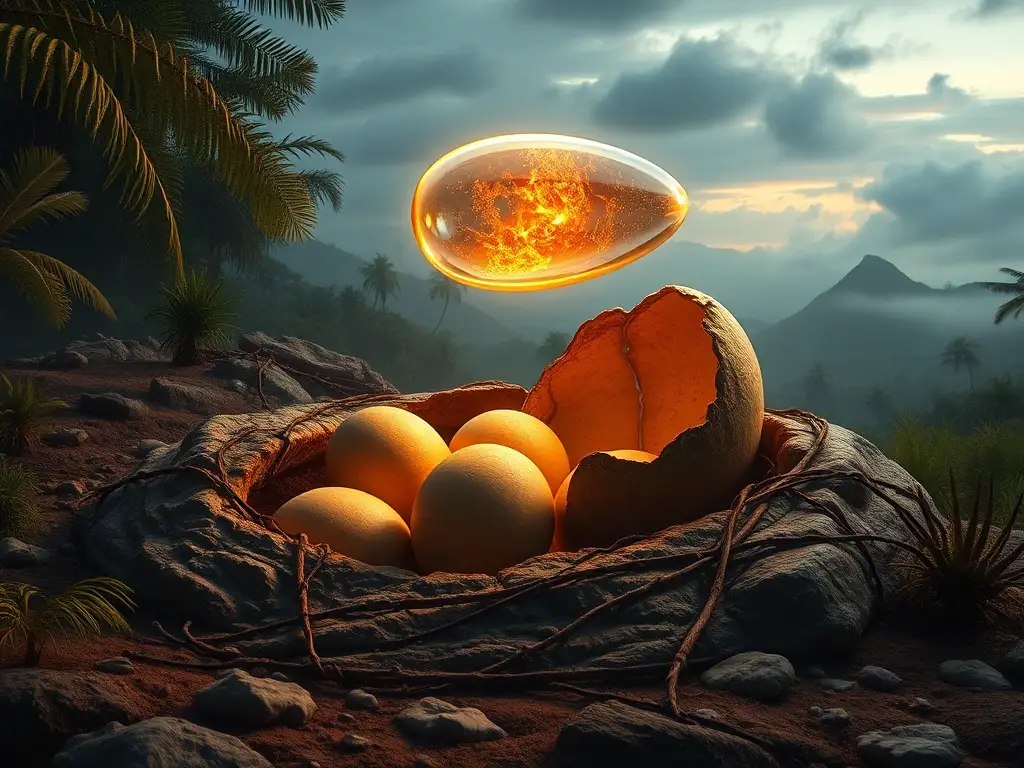 Nido de huevos dinosaurio con cápsula luminosa