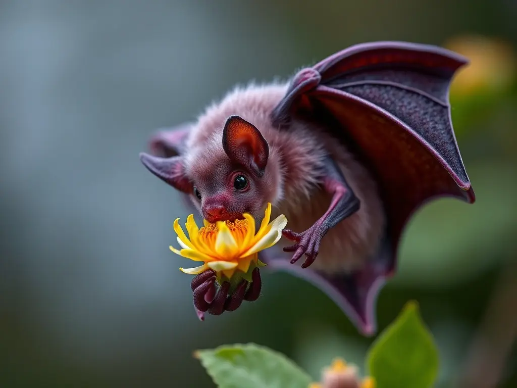 Foto realista de un búhos morado recolectando néctar