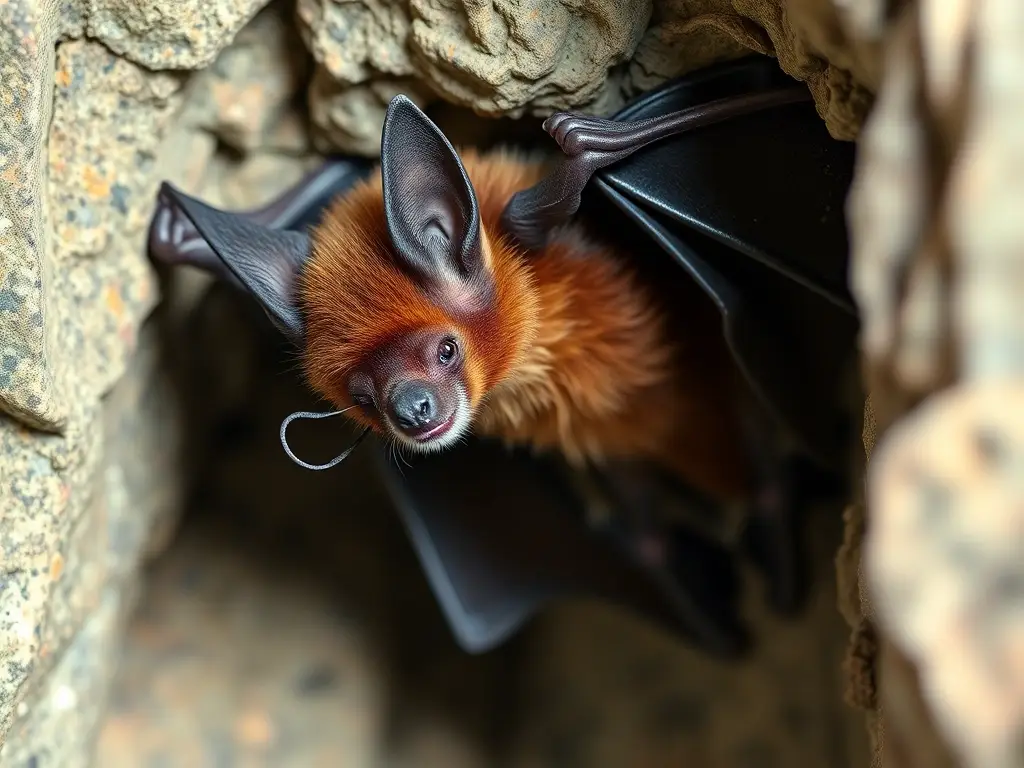 Foto realista de un bats de cola blanca en una pared de cueva