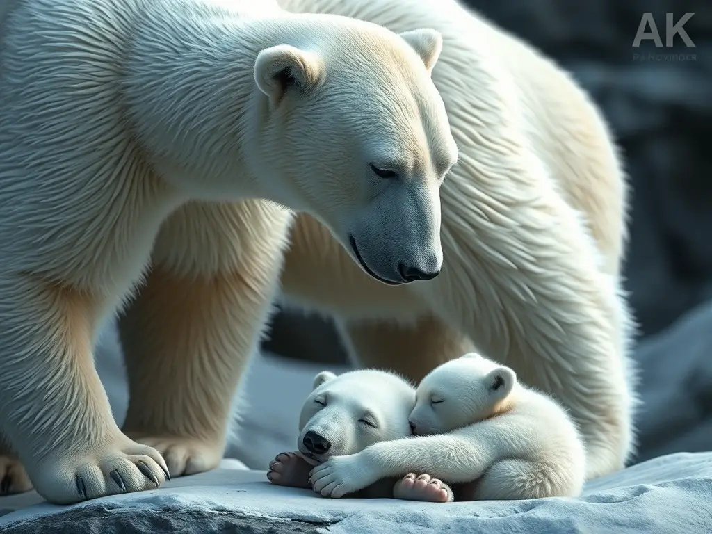 Fotografía realista de un par de osos polares con un cub