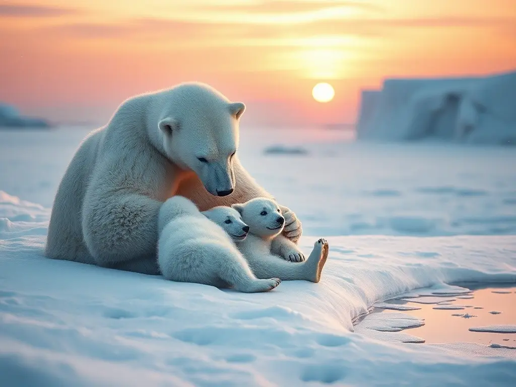 Oso polar amamanta crías al amanecer
