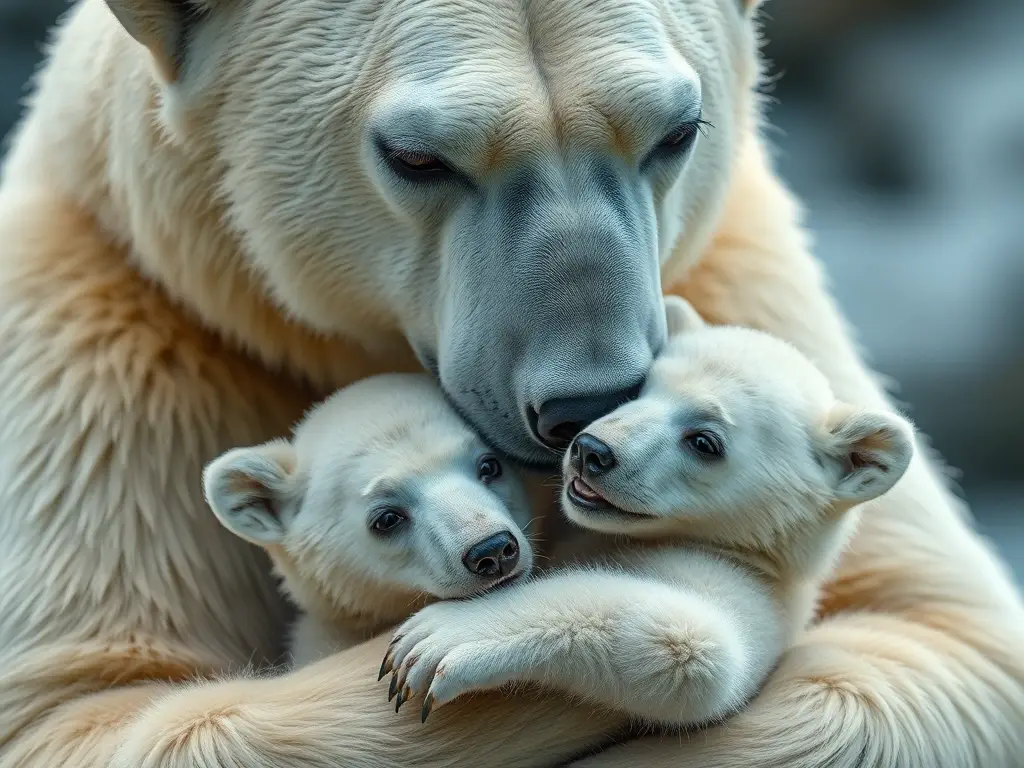 Fotografía realista y detallada de una madre polar con su bebé