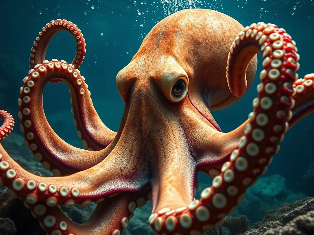 Imagen fotorealista de un pulpo gigante en el océano