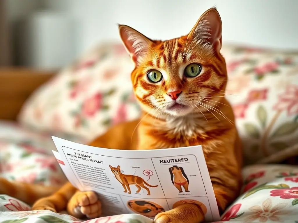 Foto realista de un gato tabby jengibre con ojos verdes penetrantes, leyendo un folleto sobre esterilización