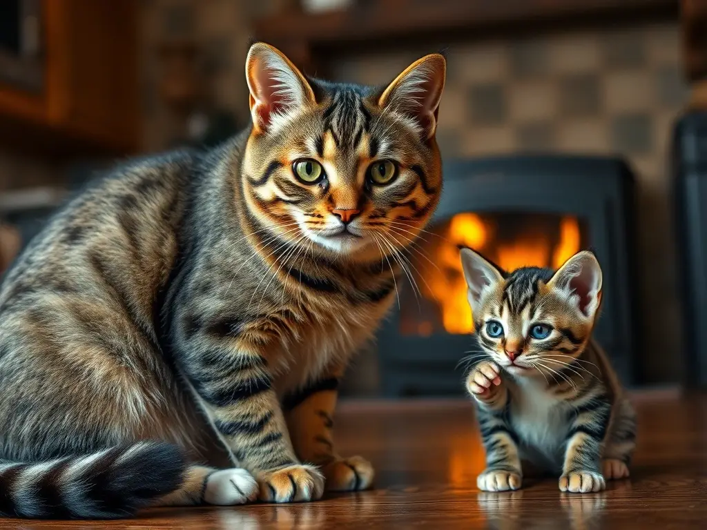 Foto realista de gata tabby preocupada con sus gatitos en la cocina