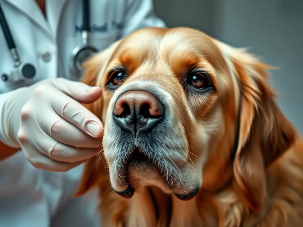 Un retrato realista de un golden retriever viejo cuidado por un médico