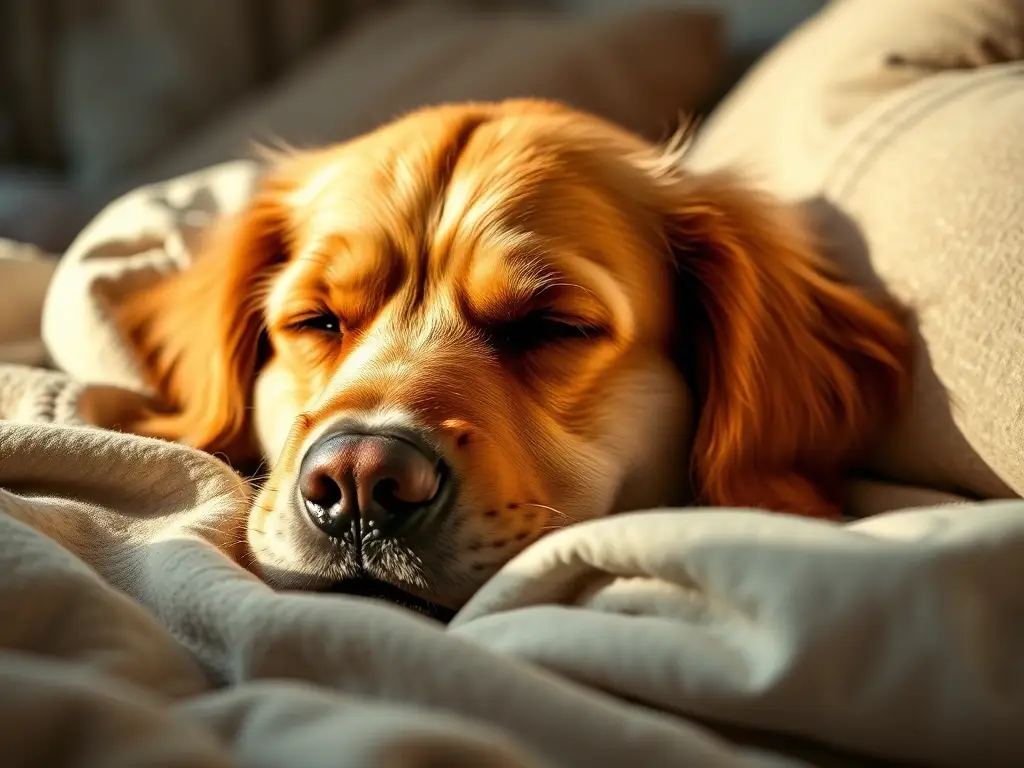 Fotografía realista de un labrador dorado durmiendo en una cama