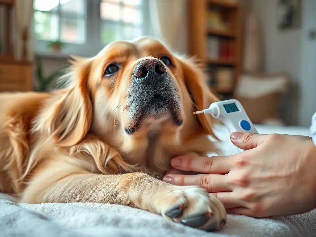 Golden retriever febril examinado por veterinario