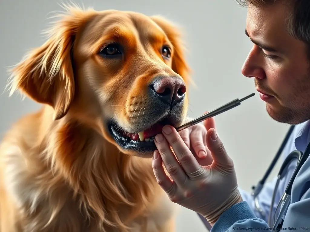 Fotografía realista de un veterinario examinando la boca de un Golden Retriever preocupado