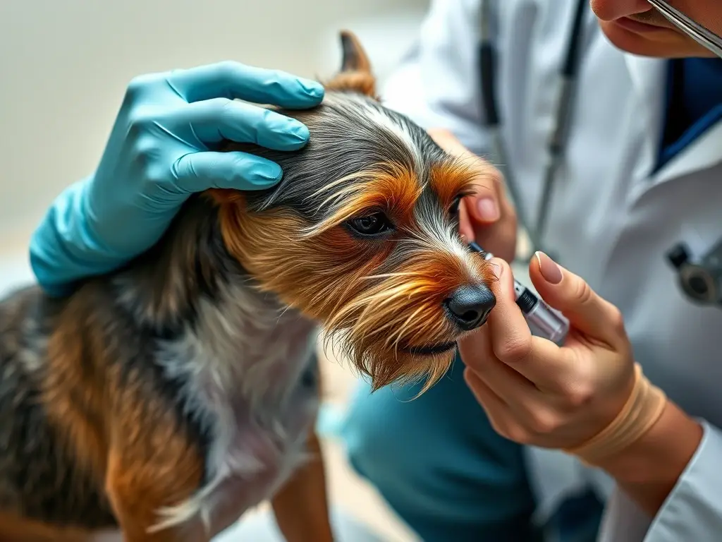 Imagen fotorealista de un veterinario inyectando a un terrier con fiebre
