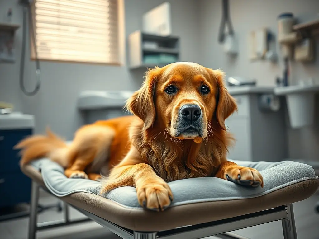 Imagen realista de labrador retriever en una clínica veterinaria, tranquilo y detalladamente
