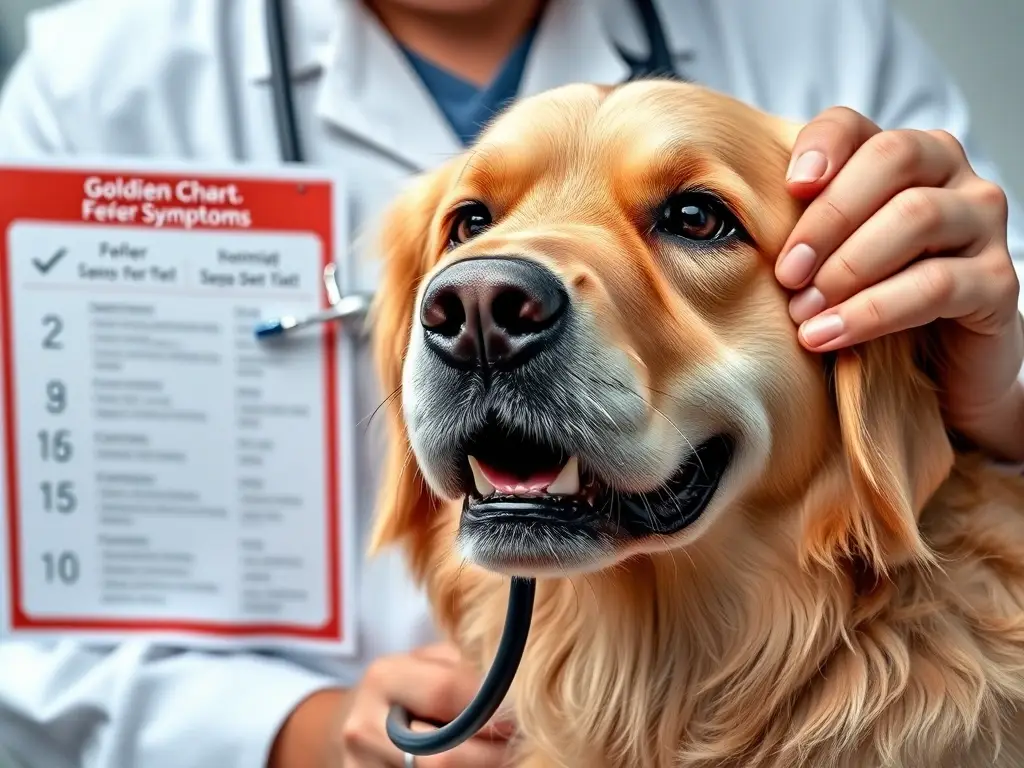 Foto real de un veterinario examinando a un Golden Retriever febril con stethoscope y gráfico de signos vitales
