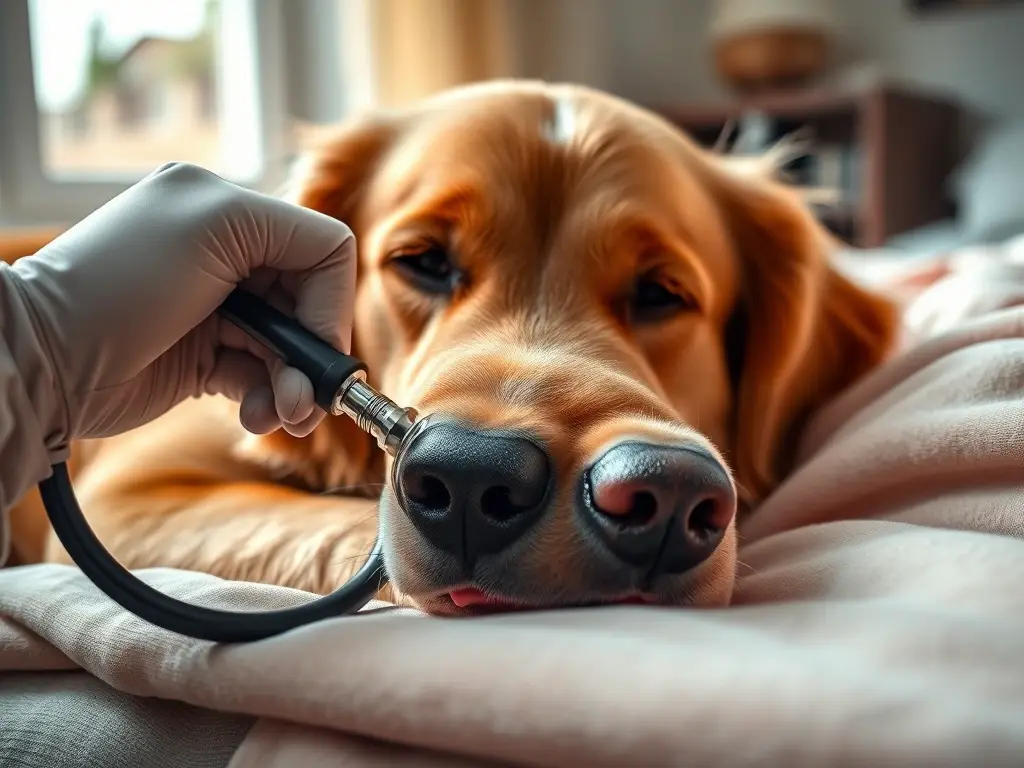 Veterinario examina golden retriever con fiebre