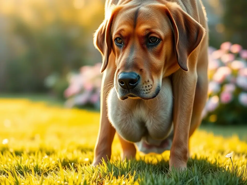Labrador hembra embarazada sobre hierba dorada