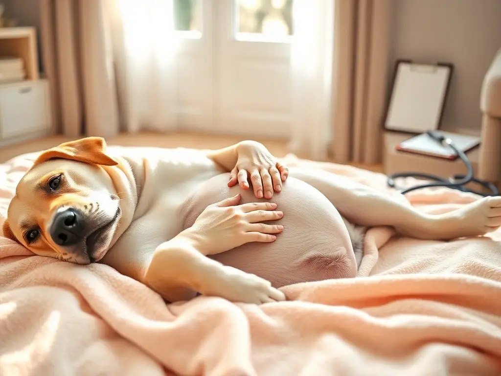 Labrador embarazada recostada, observada con ternura