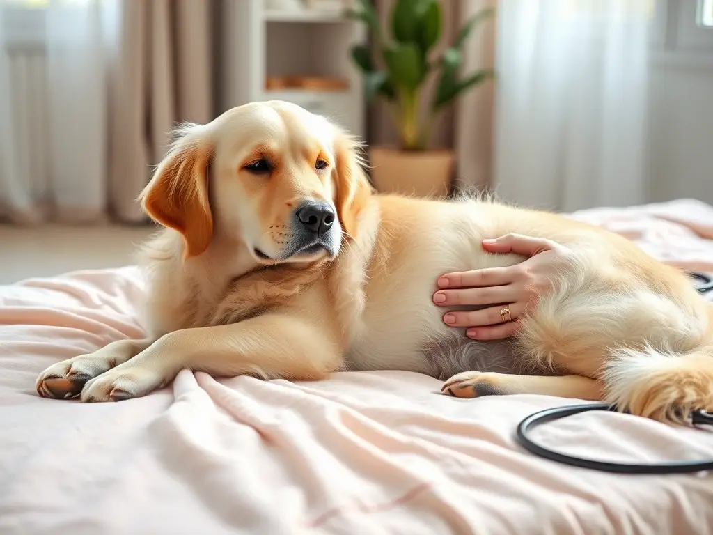 Golden retriever recibiendo palpación veterinaria hogareña