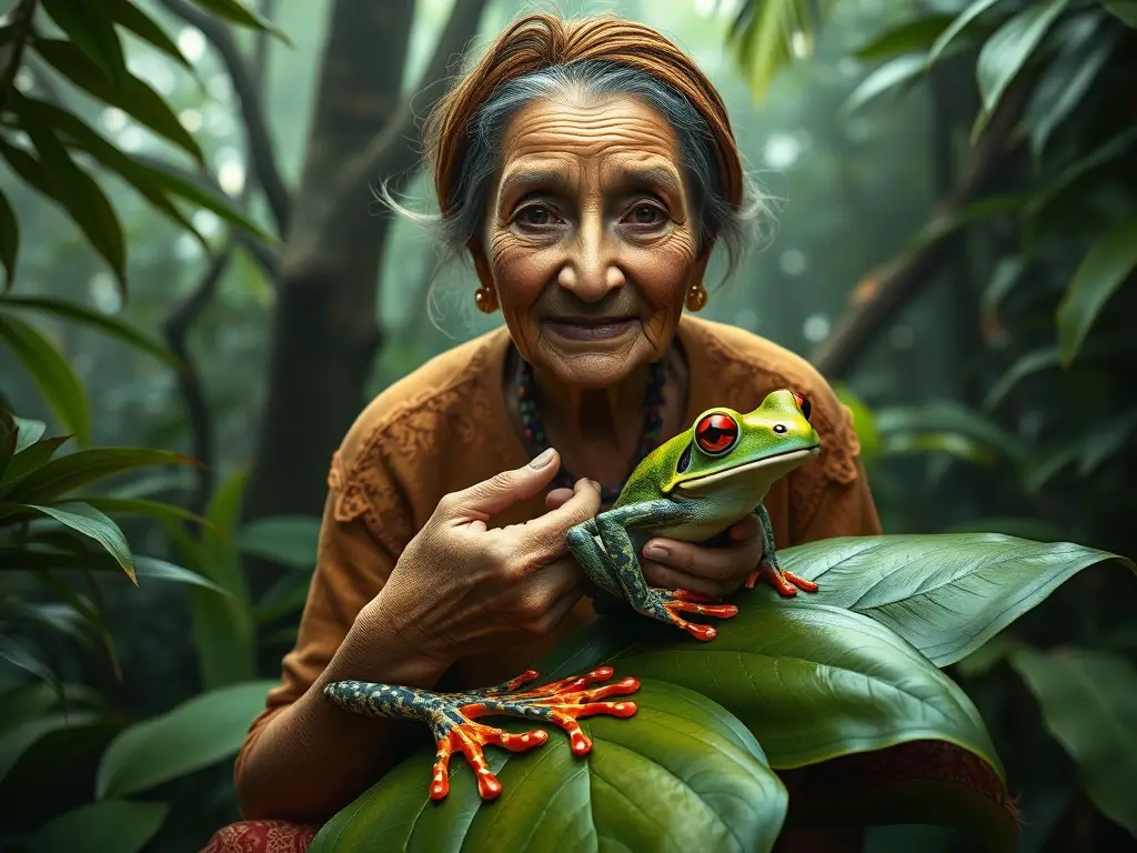 Una anciana sabia acaricia a un venenoso rana con colores vibrantes