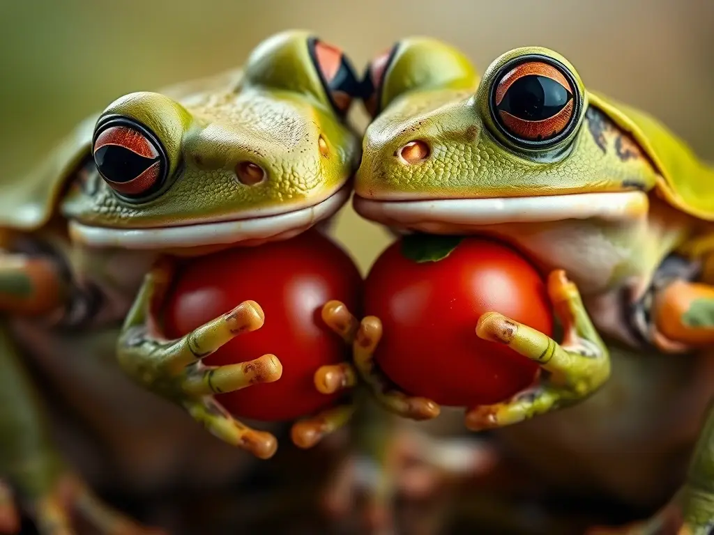 Fotorealista de dos sapos comedores de tomate, con detalles precisos