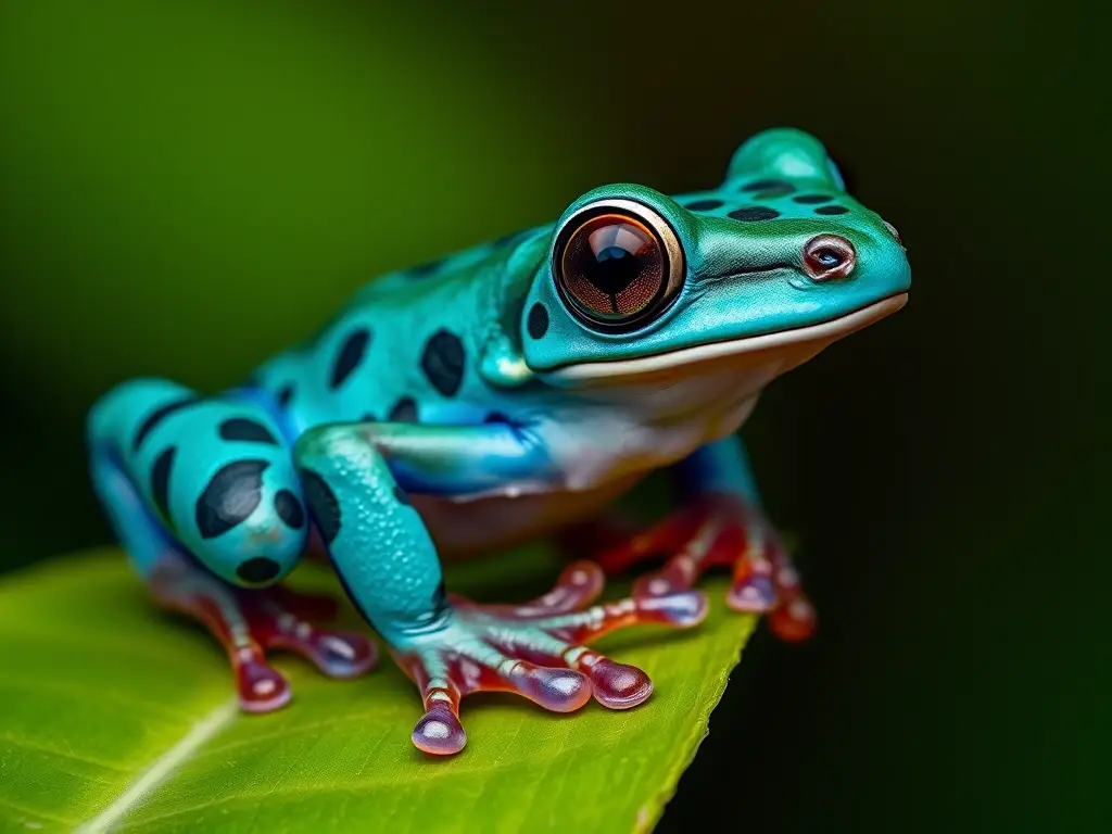 Foto realista de un frog azul y manchas verdes en una hoja, altamente detalladamente