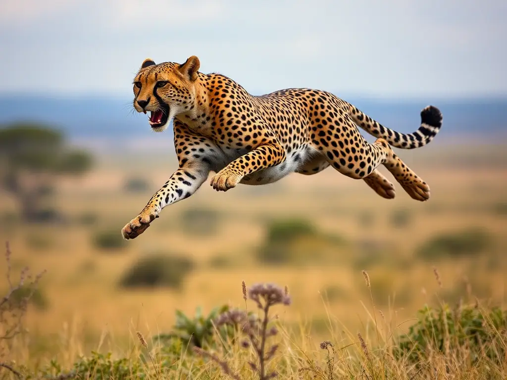 Fotografía realista de un cheeta con movimiento en la savana africana