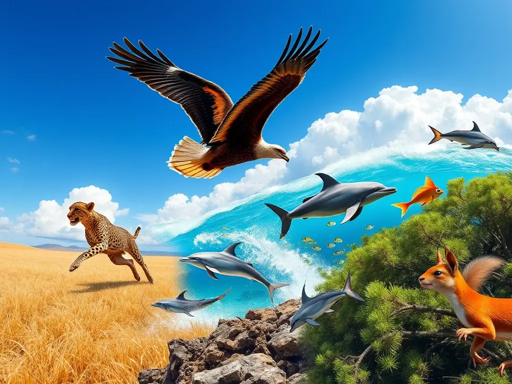 Collage fotorrealista de animales en movimiento