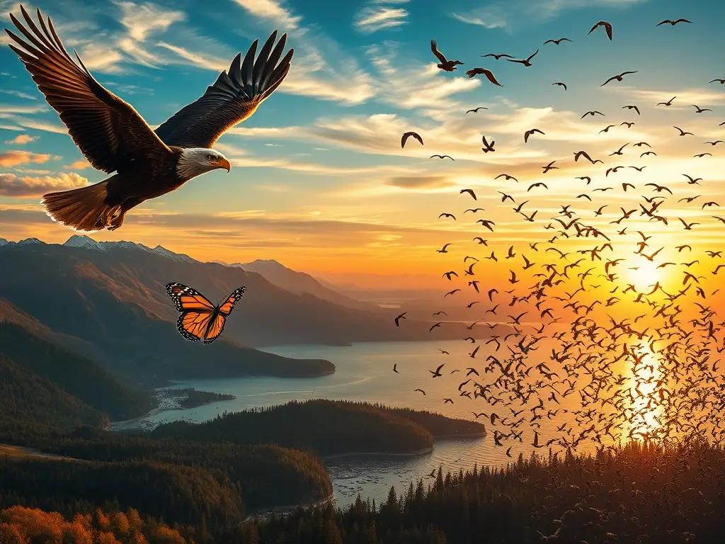 Aves, mariposas y peces surcando amanecer