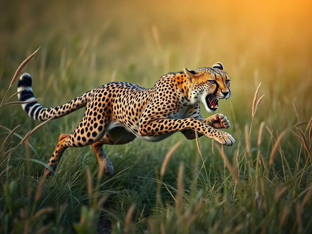 Fotografía realista detallada de un cheeta a alta velocidad corriendo en hierba