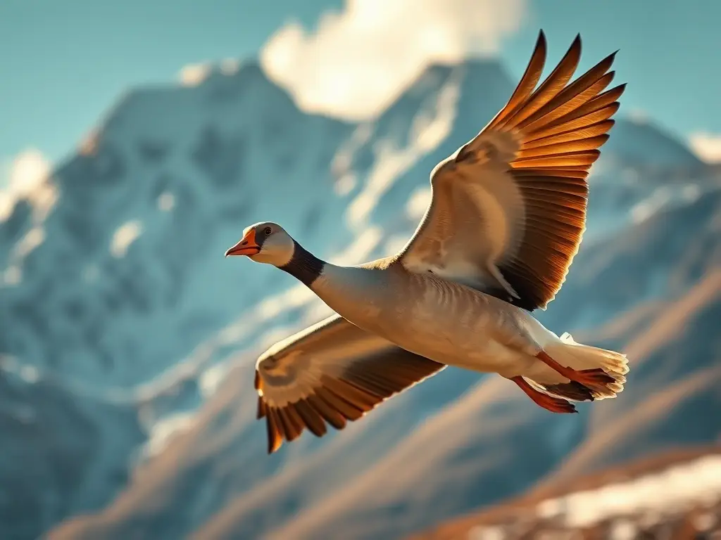 Fotografía realista de un águila bar-headed volando sobre un Himalaya con sol dinámico