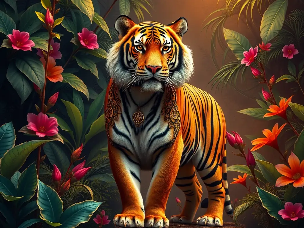 Una majestuosa pintura de un tigre raja, en un exuberante entorno natural fantástico
