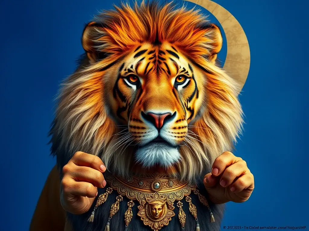 Foto realista de un león con collar dorado