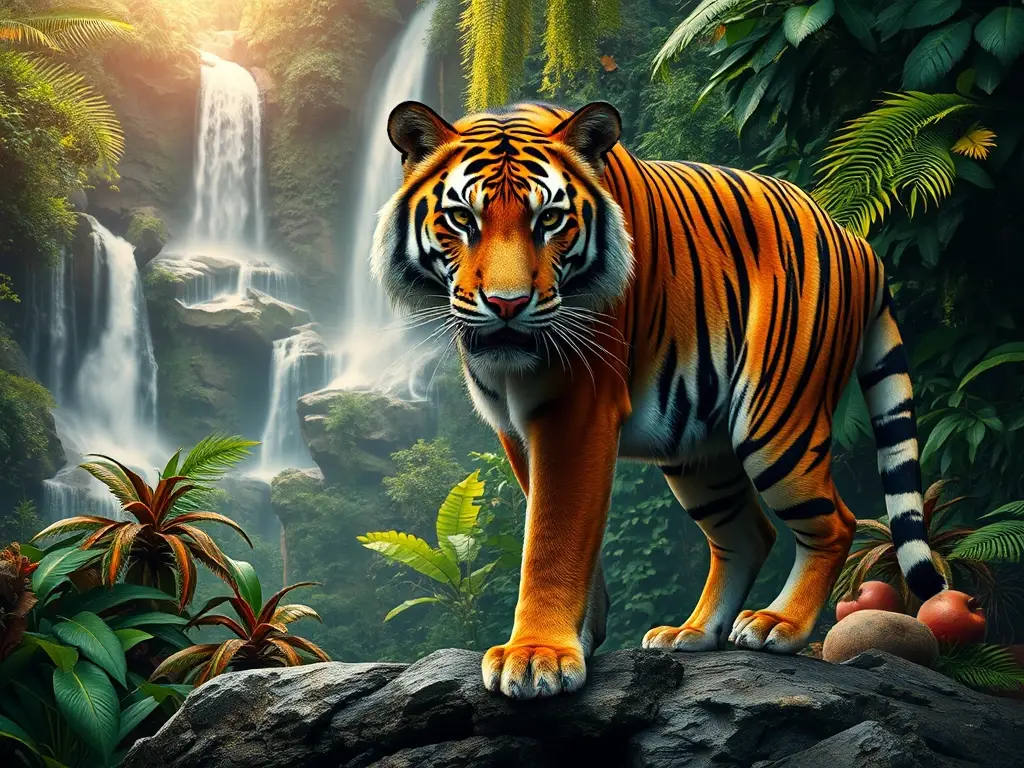 Un retrato fotográfico de un tigre realista en un bosque exuberante con detalles en 8k