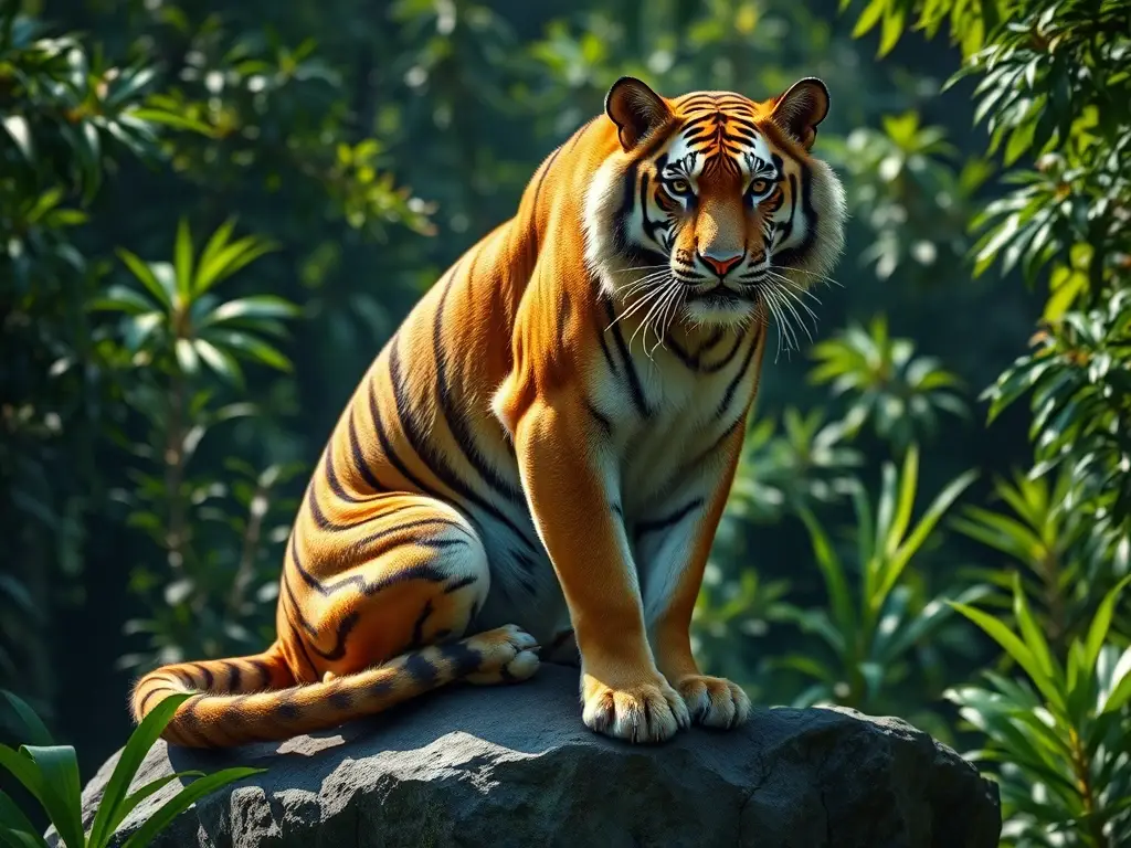 Imagen fotorealista de un tigre siamés majestuoso en la jungla