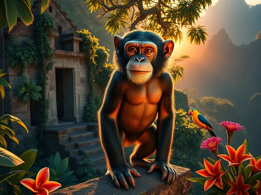 Terk, chimpanzé audaz, en selva al atardecer