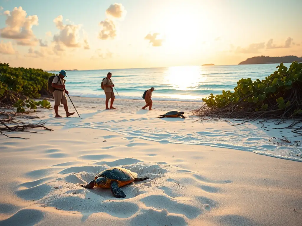Conservación costera al amanecer con tortugas