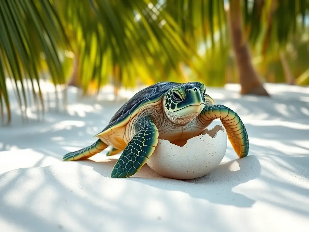 Imagen realista de tortuga verde que emerge de sus huevos con luz solar
