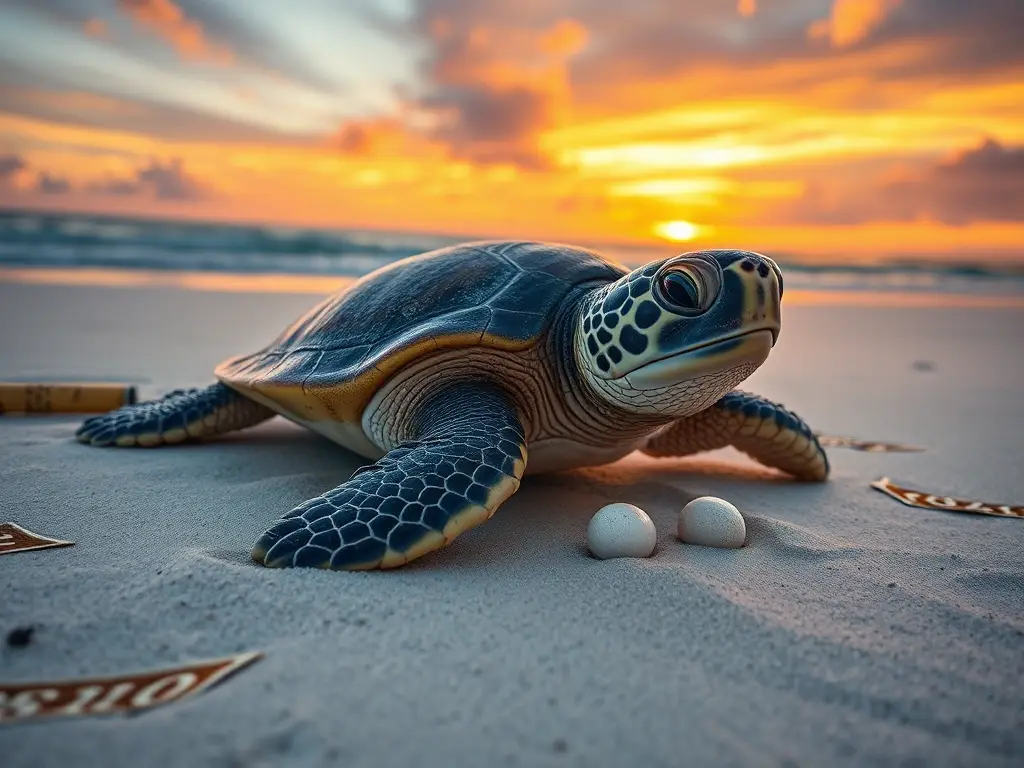Fotografía realista de tortuga poniendo huevos en atardecer