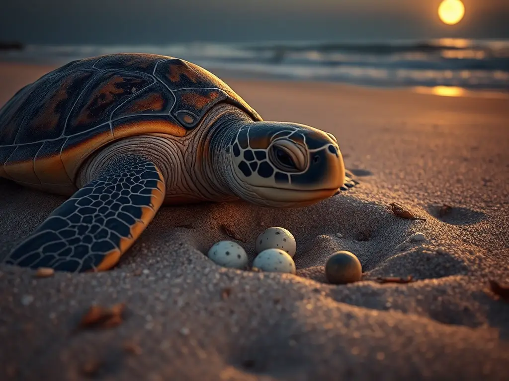 Tortuga marina anida en playa al crepúsculo