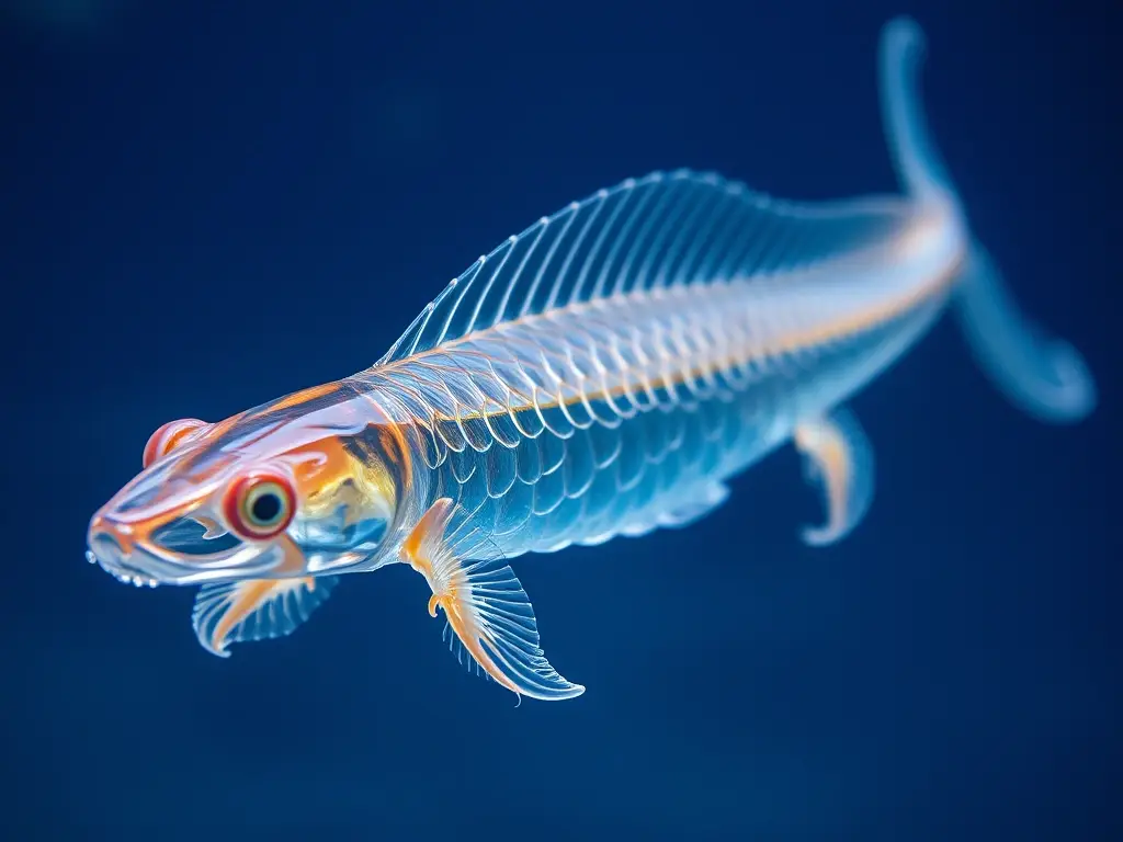 Imagen realista de una anguila de cristal femenina, con una anatomía precisa, en agua limpia