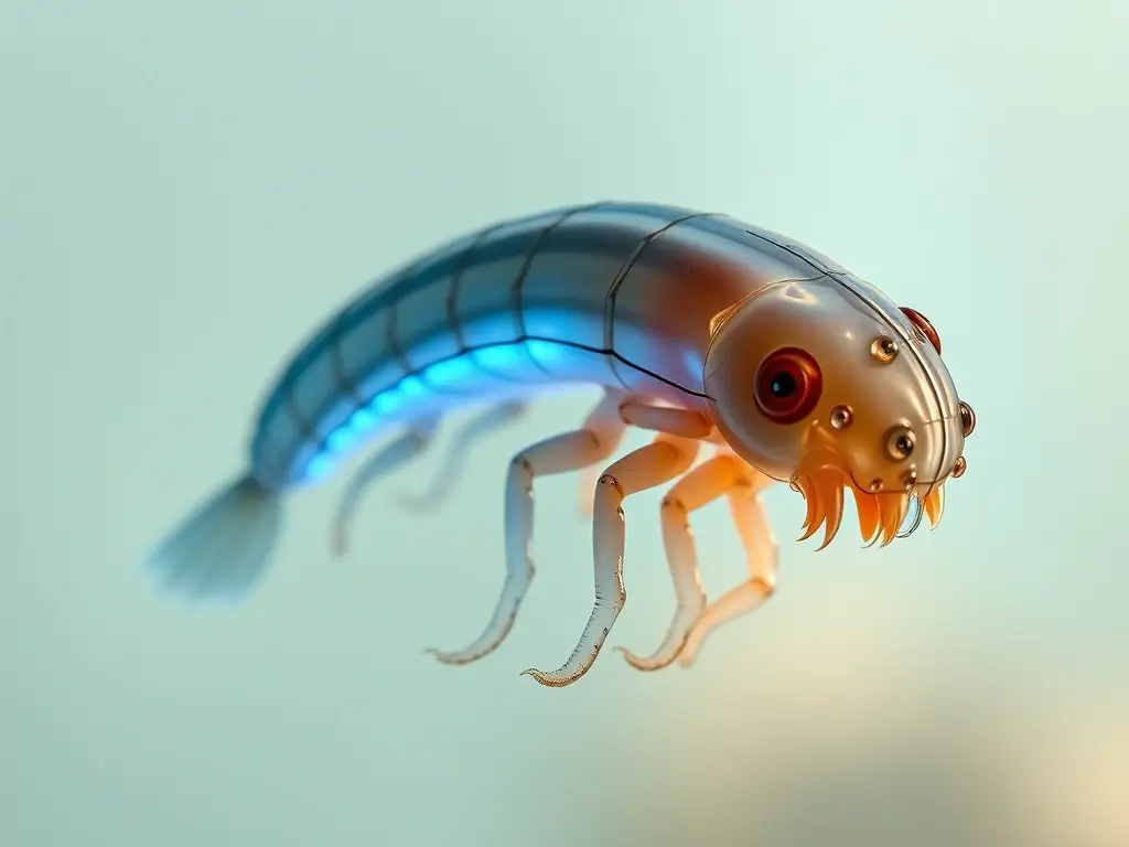 Fotografía realista de larva de anguil, descrita en detalle, con luz azul