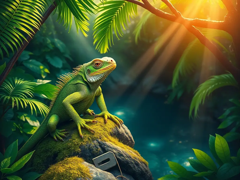 Una obra de arte realista de una iguana verde en un bosque tropical