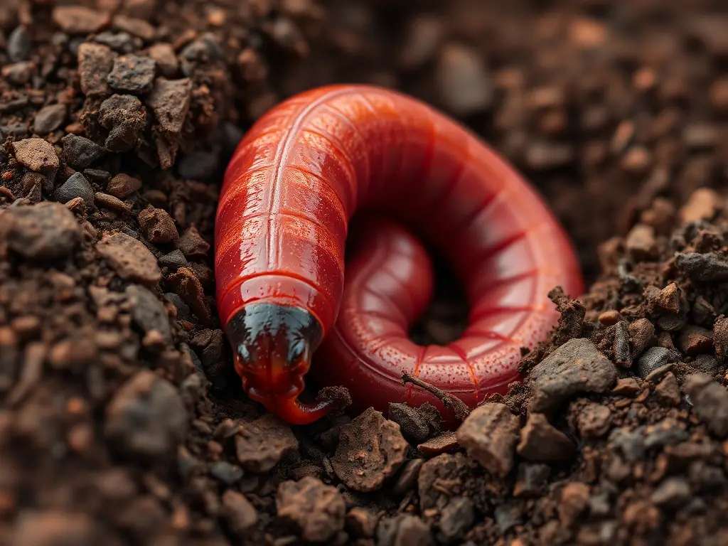 Foto realista de un gusano de tierra redjiro escabulléndose en tierra