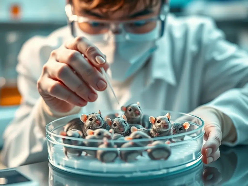 Imagen realista de laboratorio con ratones científicos bajo luz suave