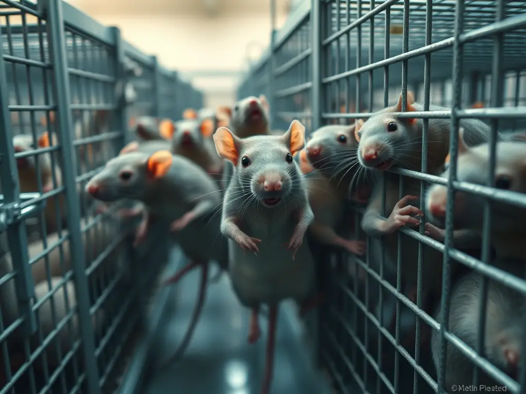 Fotorealista de laboratorio con ratas en jaulas, enfoque en el proceso de ovulación y copulación