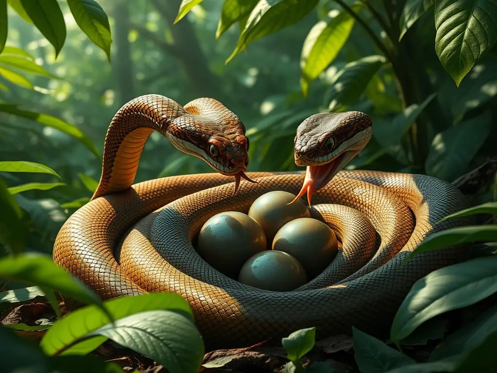 Víbora tropical protege huevos, cortejo cercano