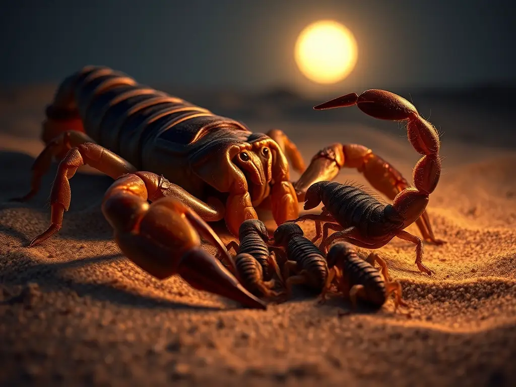 Escorpión madre cuida crías al atardecer