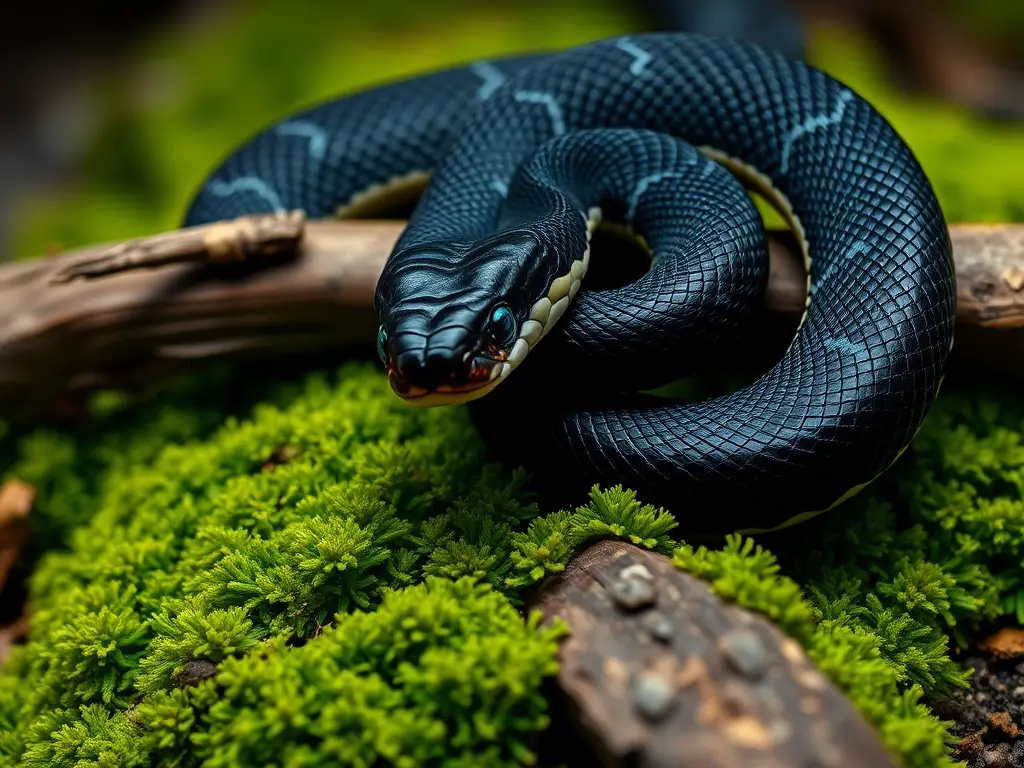 Un retrato fotográfico de una black kingsnake mexicana en espiral sobre una rama de madera