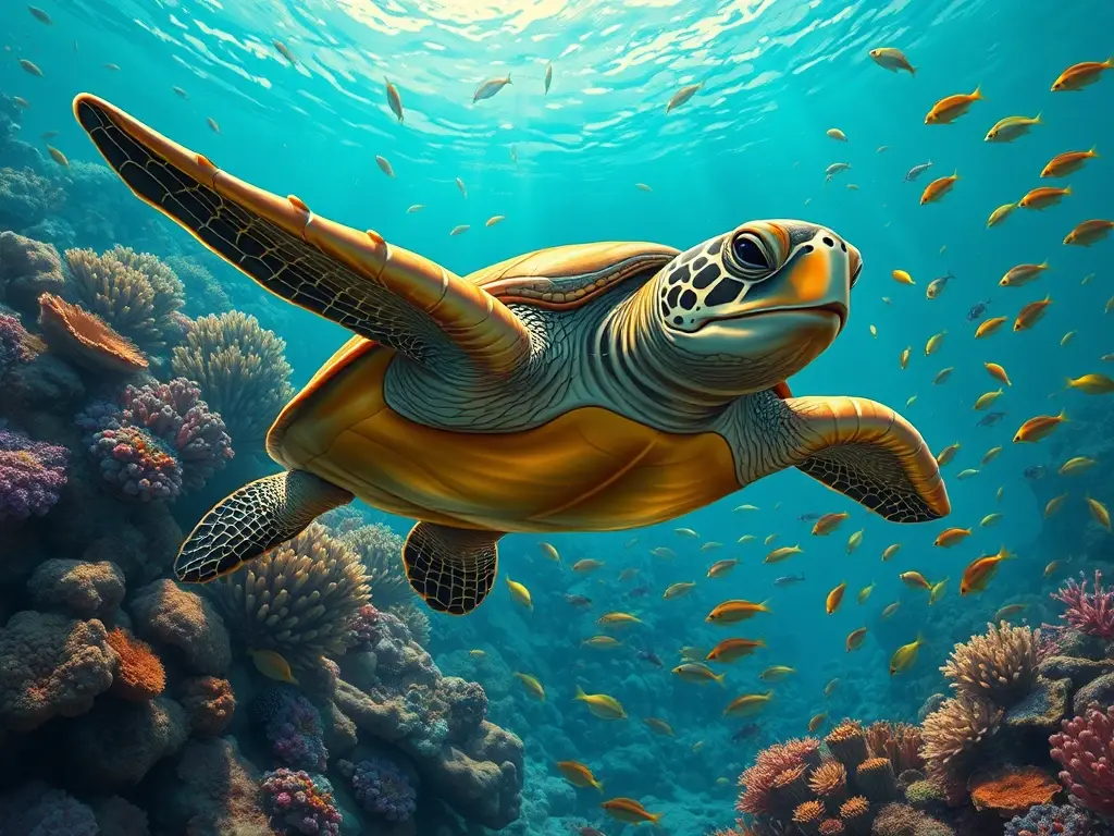 Un retrato preciso de una tortuga marina con peces en un arrecife