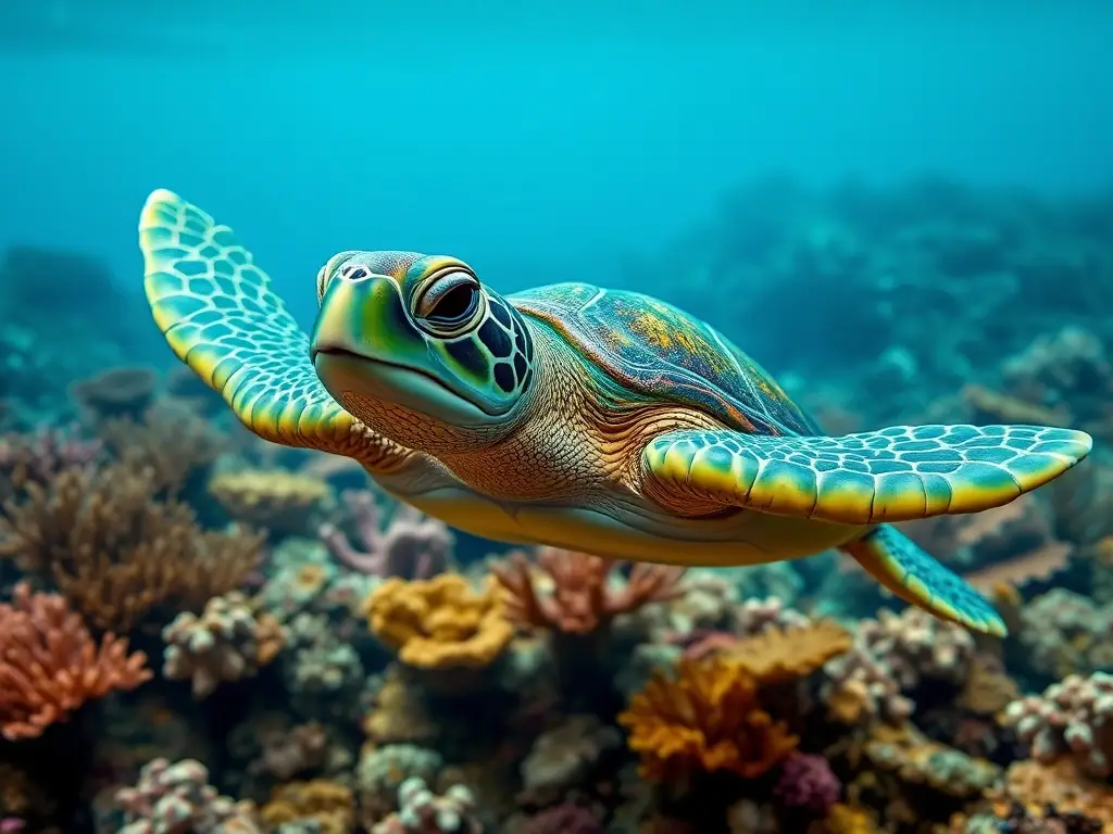 Imagen realista y detallada de una tortuga marina verde con coral