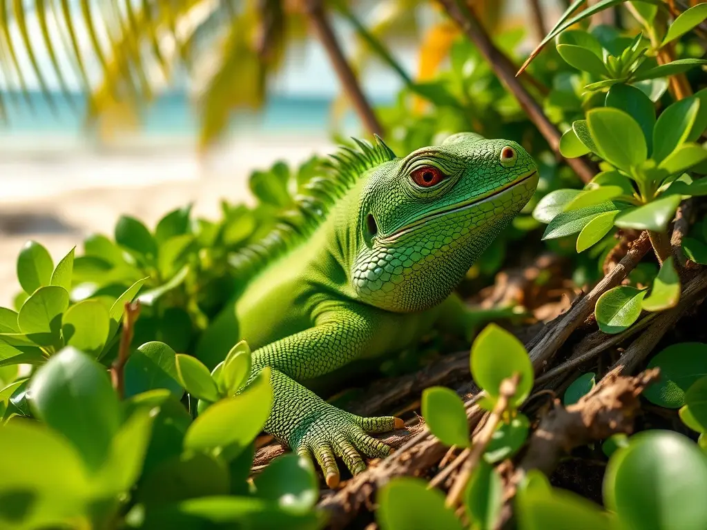 Foto realista de una iguana en un paraíso tropical, sin texto ni marcas