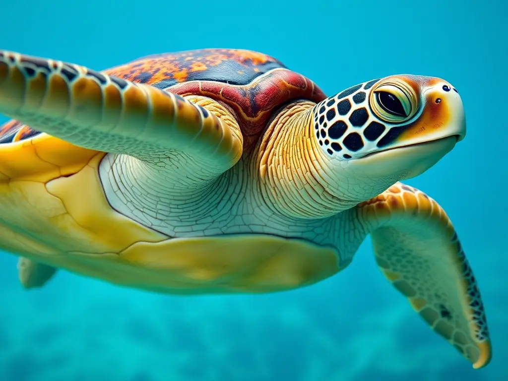 Fotografía realista de tortuga verde con patrón y estructura con un fondo de agua azul